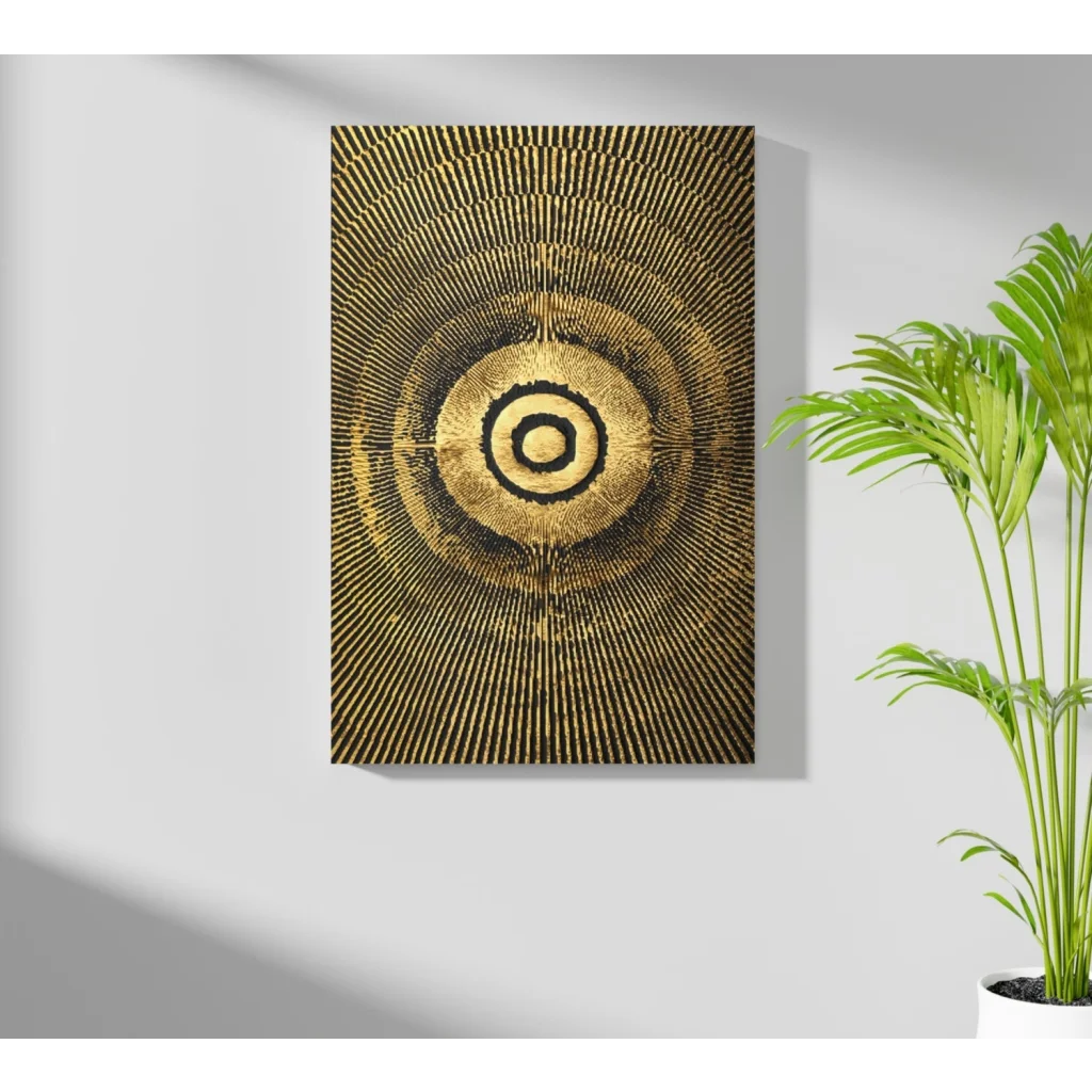 Golden Radiance concentric circle aluminum wall art with black ring