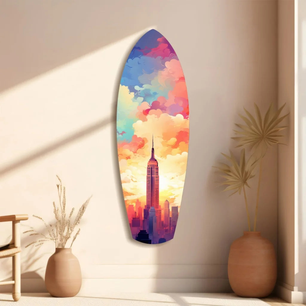 Vibrant tempered glass art of sunset over Empire State Building surfboard