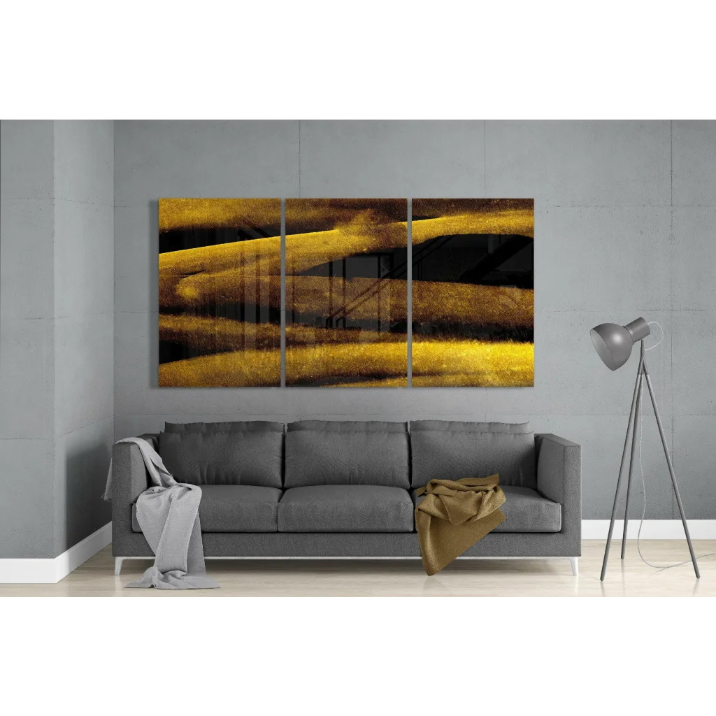 Golden Streak Glass Wall Art Triptych with bold yellow streaks on black