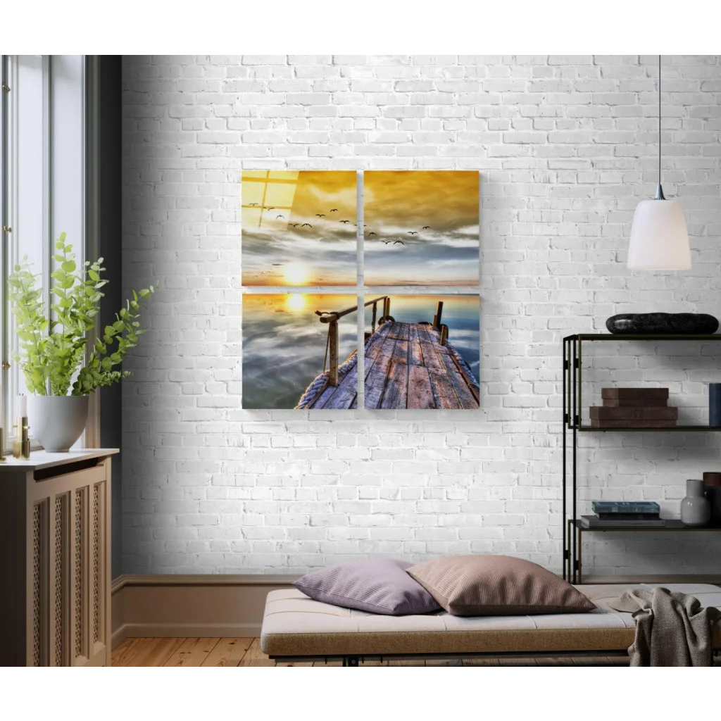 Golden sunset pier glass wall art four-panel canvas print
