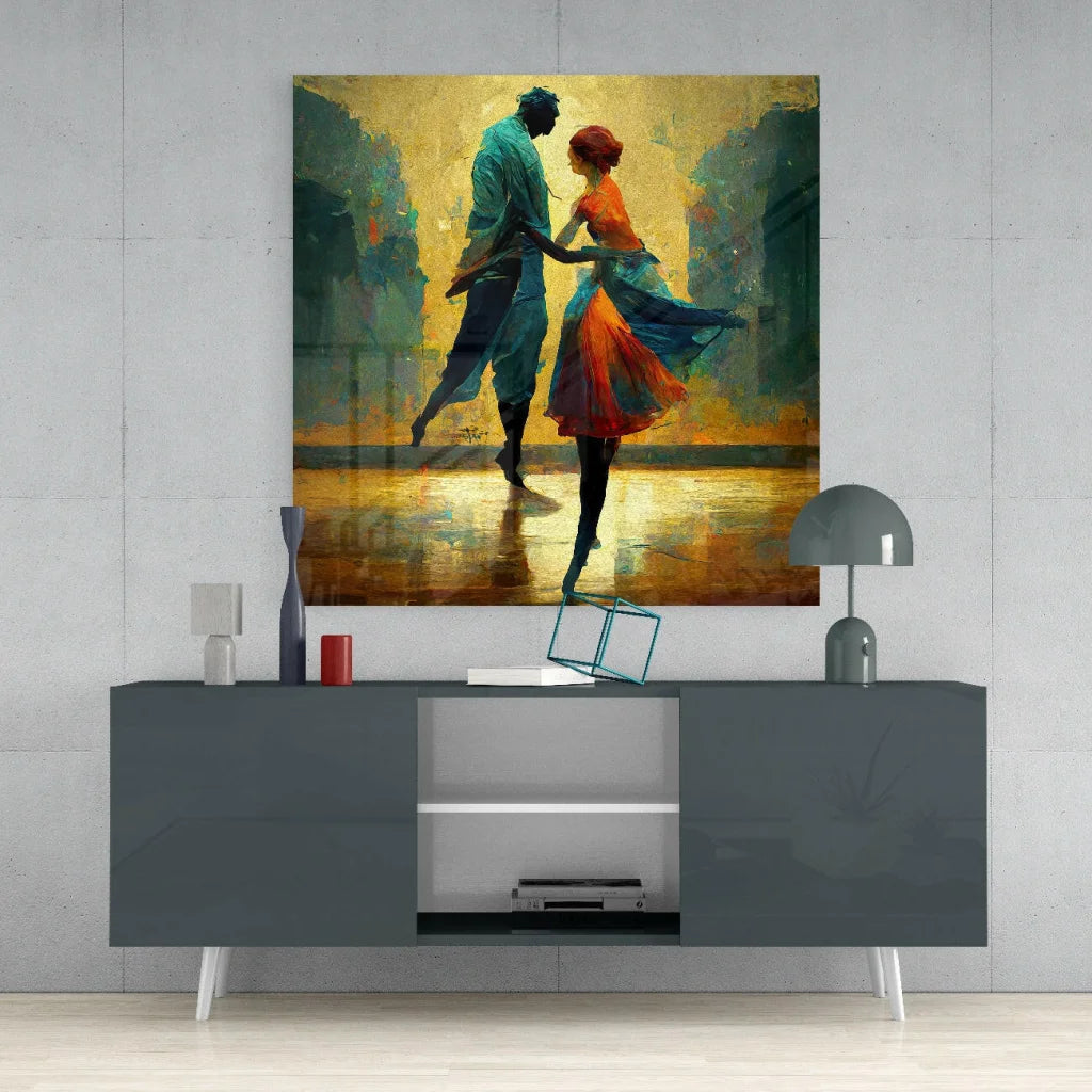 Vibrant abstract glass wall art of dancing couple in teal orange on golden background