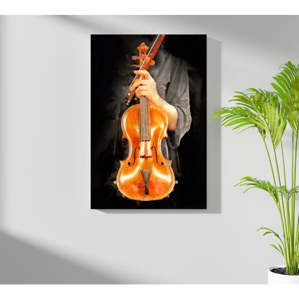 Vintage glossy dark brown wooden violin golden aluminum print wall art
