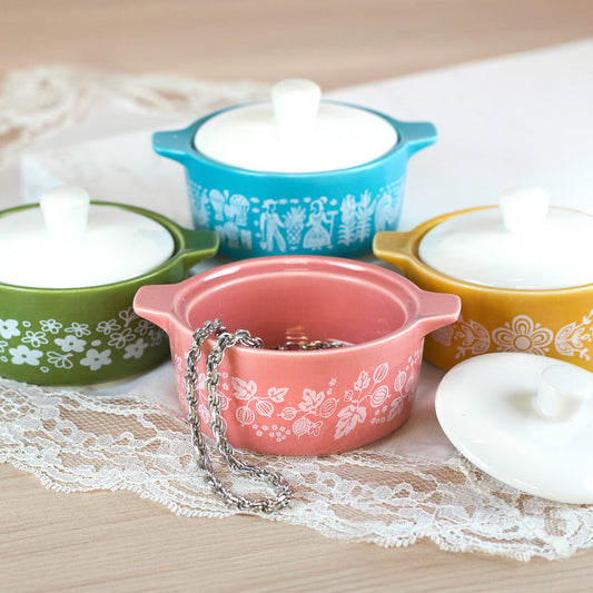 Pink Gooseberry trinket box with green and blue mini casseroles