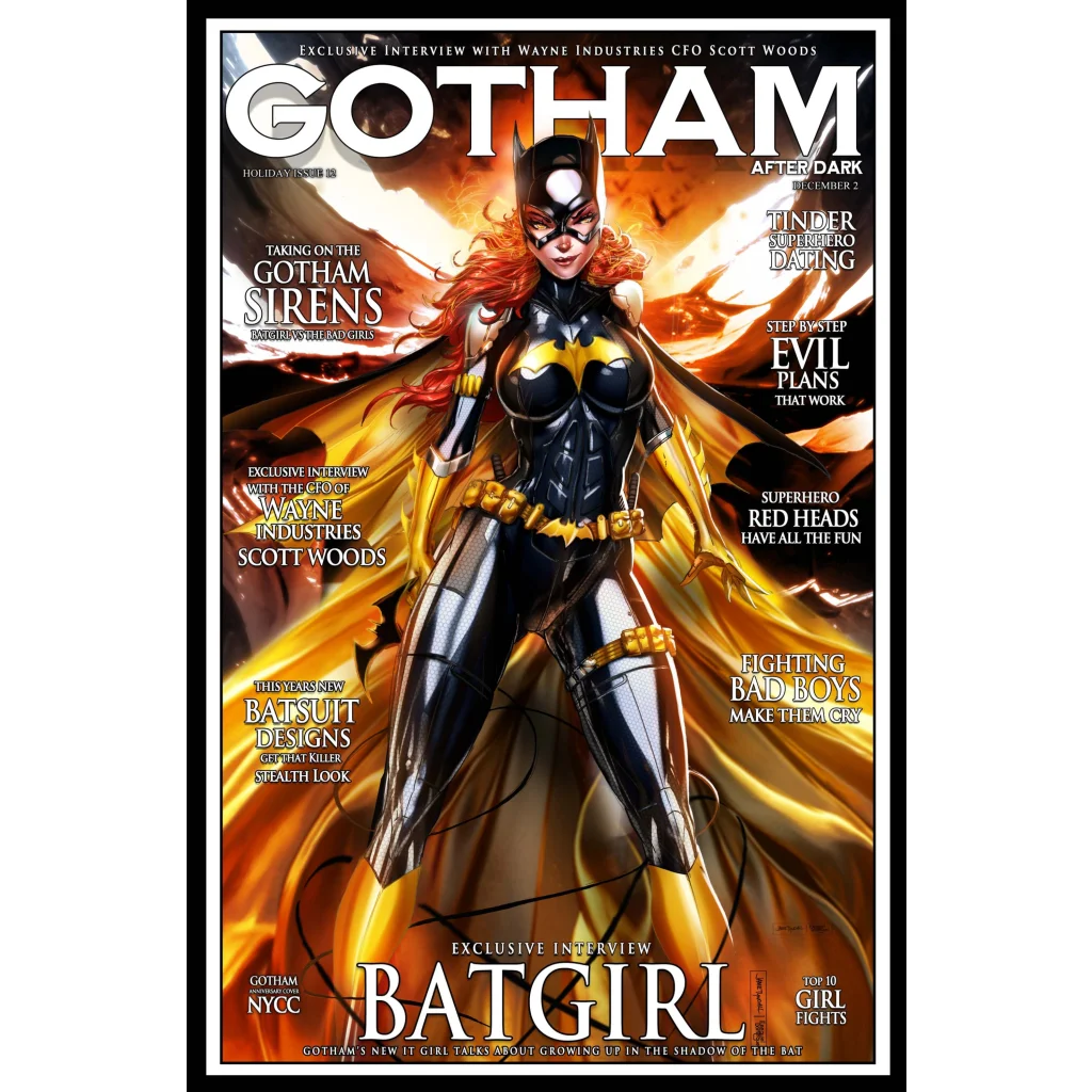 Gotham masked sidekick Batgirl in black yellow armored suit with orange cape