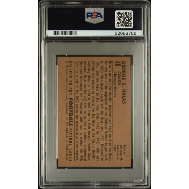 Encased vintage 1952 Bowman George Halas football trading card in PSA graded case