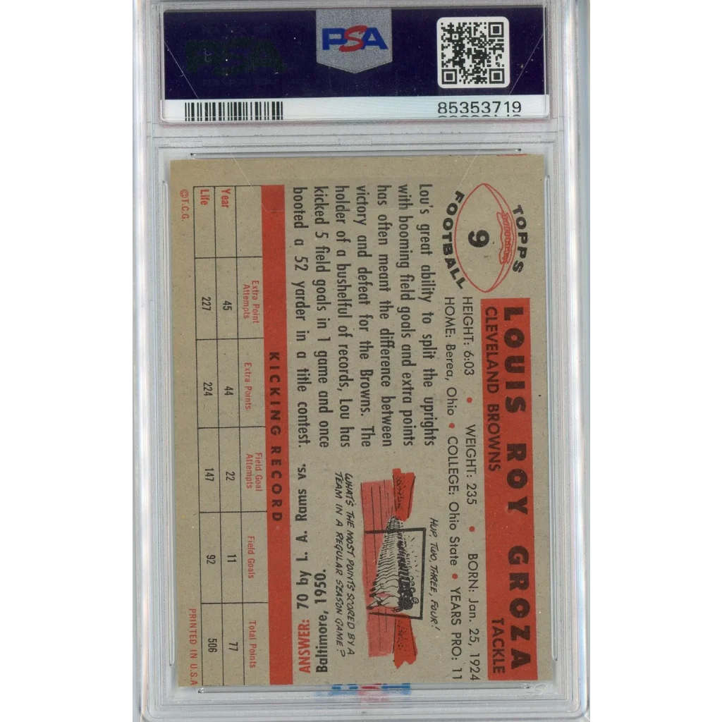 Vintage 1956 Topps Lou Groza football card PSA graded in clear slab