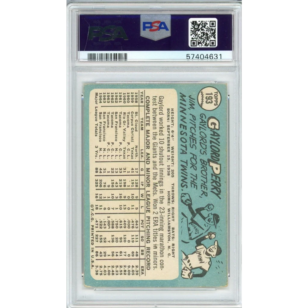 Vintage PSA graded 1965 Topps Gaylord Perry baseball card in a protective slab