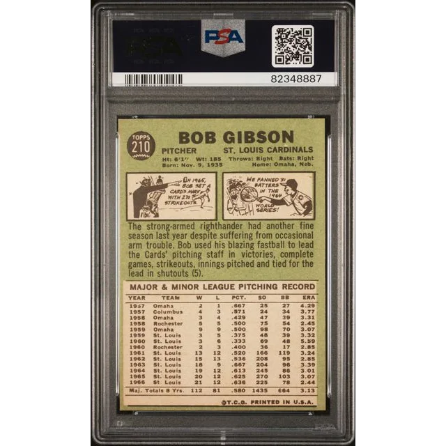 Graded 1967 Topps Bob Gibson #210 Baseball Card PSA 7 Near Mint