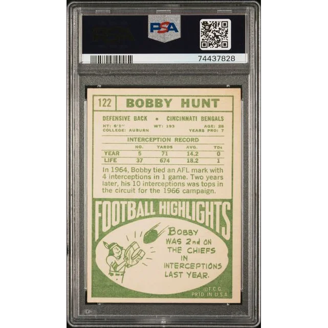 Vintage Graded 1968 Topps Bobby Hunt Football Card in a collectible treasure box
