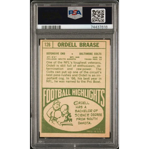 Vintage 1967 Topps Ordell Braase #126 Football Card PSA 5 Graded