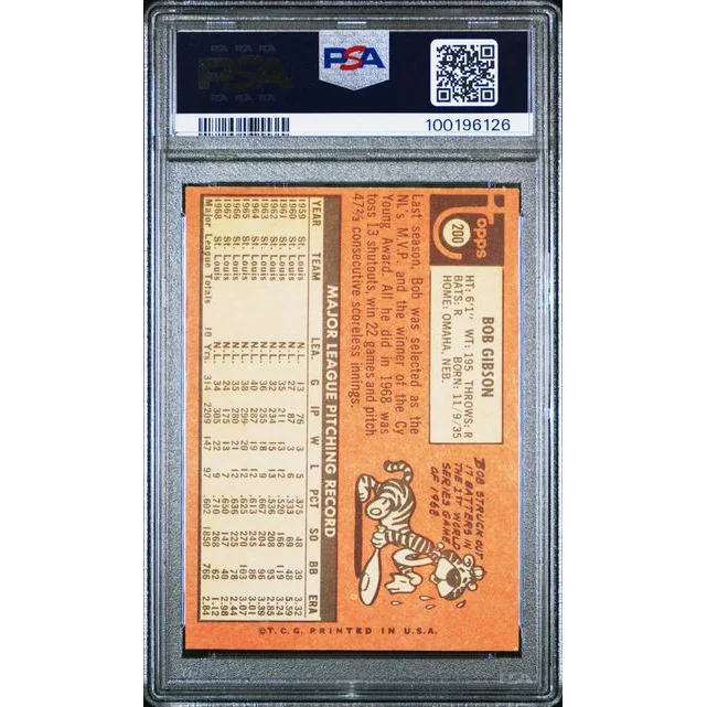 PSA graded 1969 Topps Bob Gibson baseball card in a slab for collectors