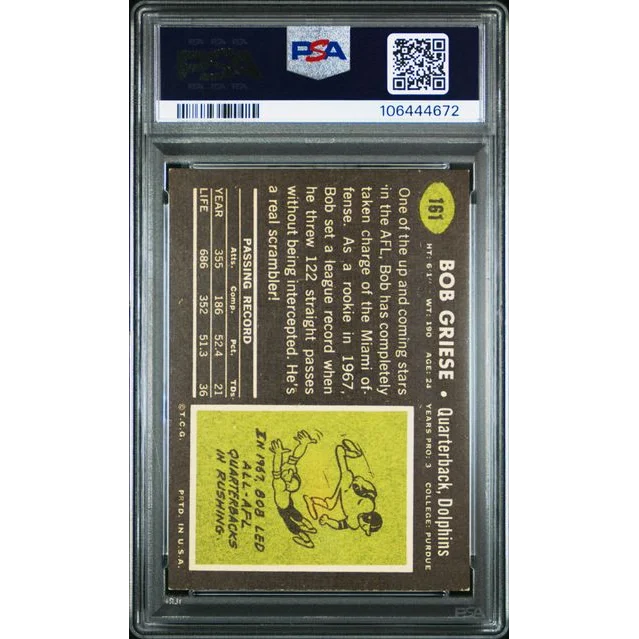 Graded 1969 Topps Bob Griese #161 Football Card PSA 6 EX-MT