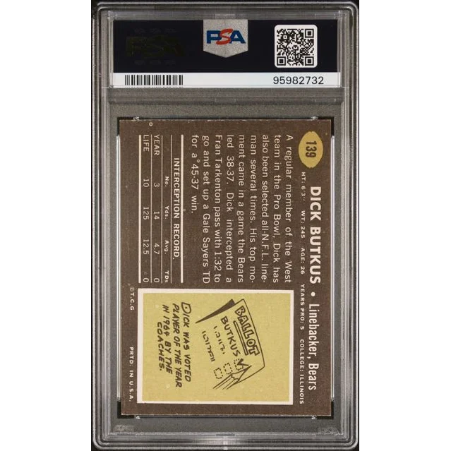 Graded 1969 Topps Dick Butkus #139 Football Card PSA 7 NM