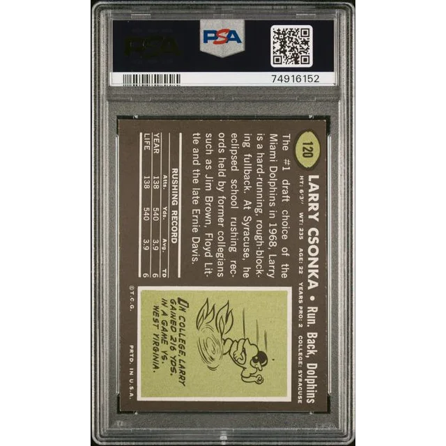 Larry Csonka football card in PSA graded slab from 1969 Topps Rookie collection