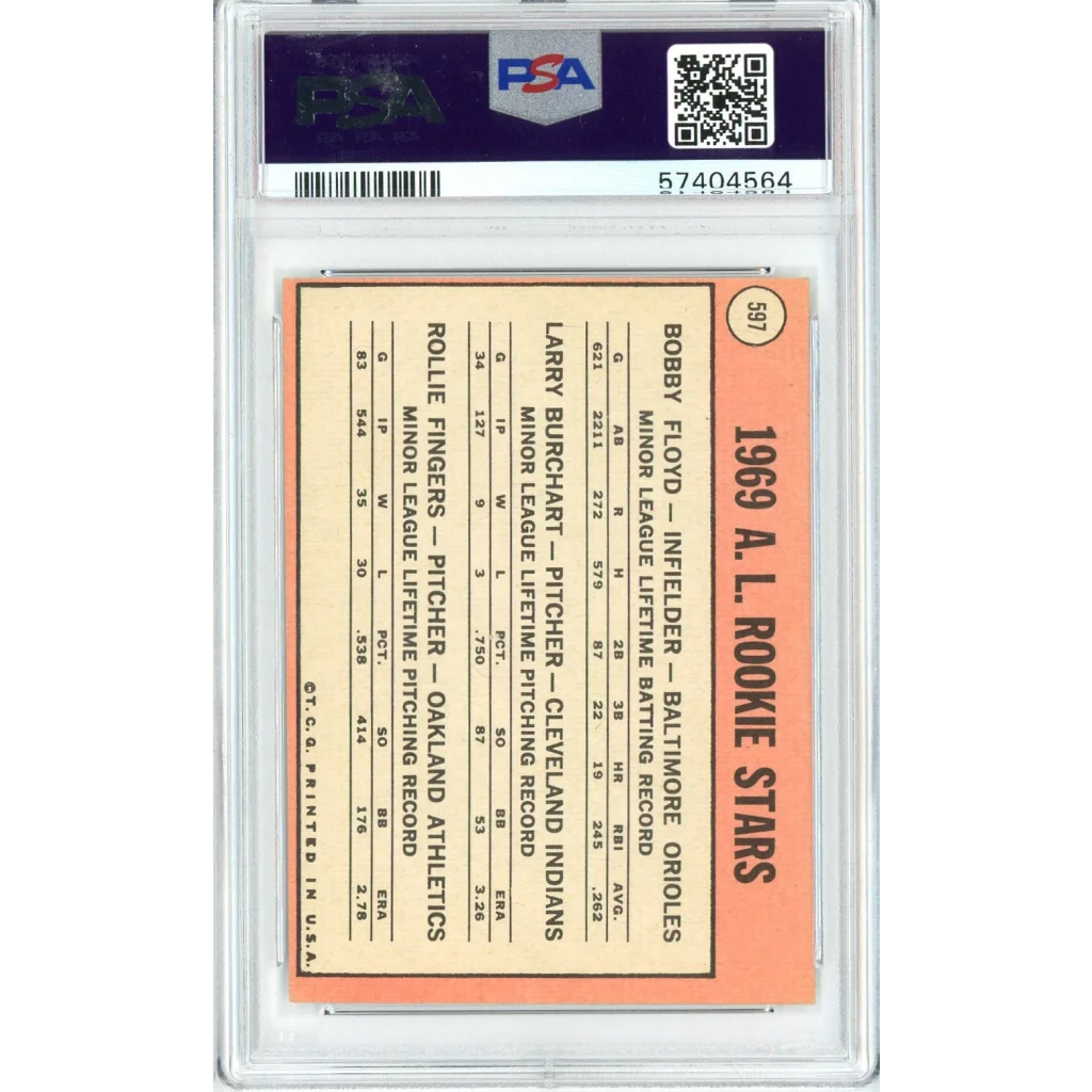 Graded 1969 Topps Rollie Fingers Rookie Card PSA EX-MT 6 on display