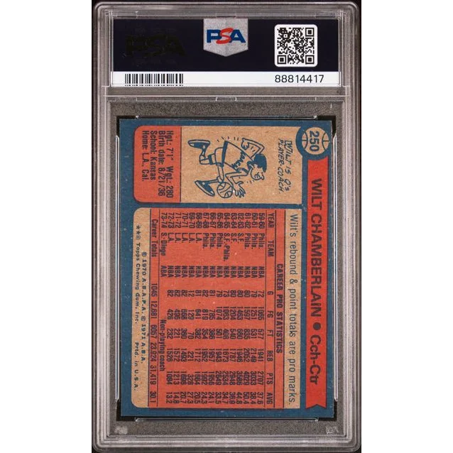 Vintage Topps Wilt Chamberlain basketball card with PSA grade in protective case