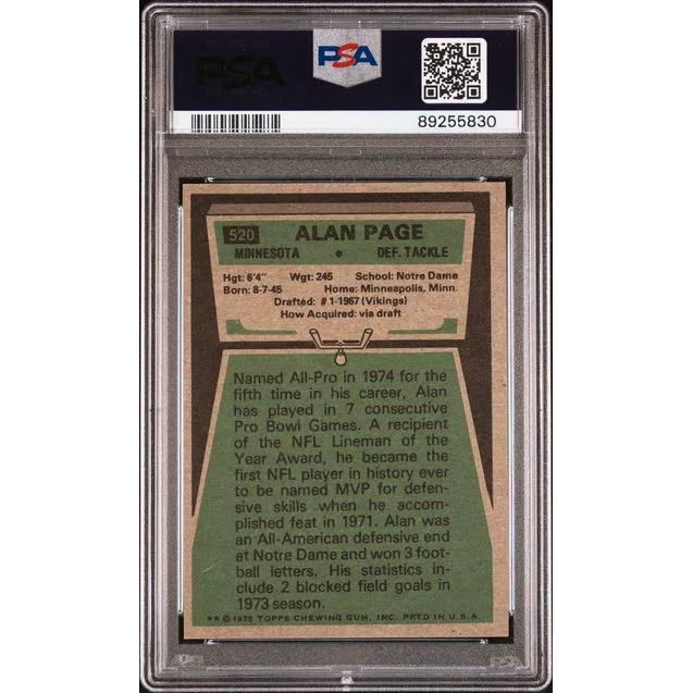 PSA Mint 9 graded 1975 Topps Alan Page football card for collectors