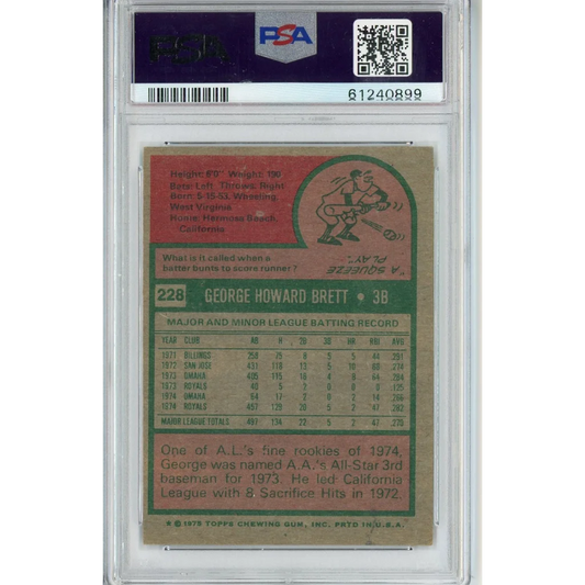 A graded 1975 Topps George Brett Rookie Card in PSA case showing vibrant colors