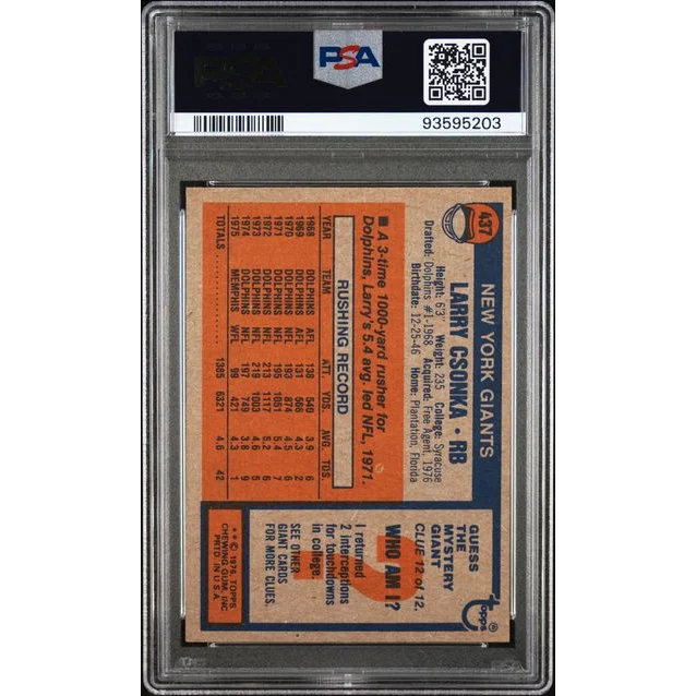 Graded 1976 Topps Larry Csonka #437 football card in PSA 6 slab