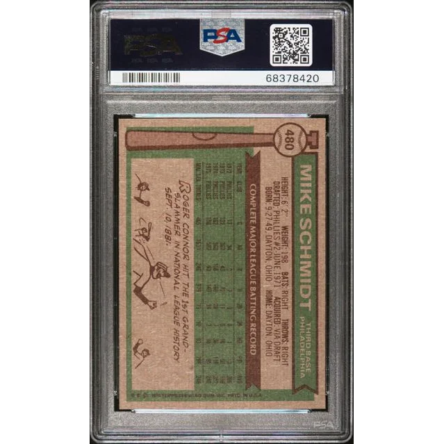 A graded 1976 Topps Mike Schmidt baseball card in PSA case