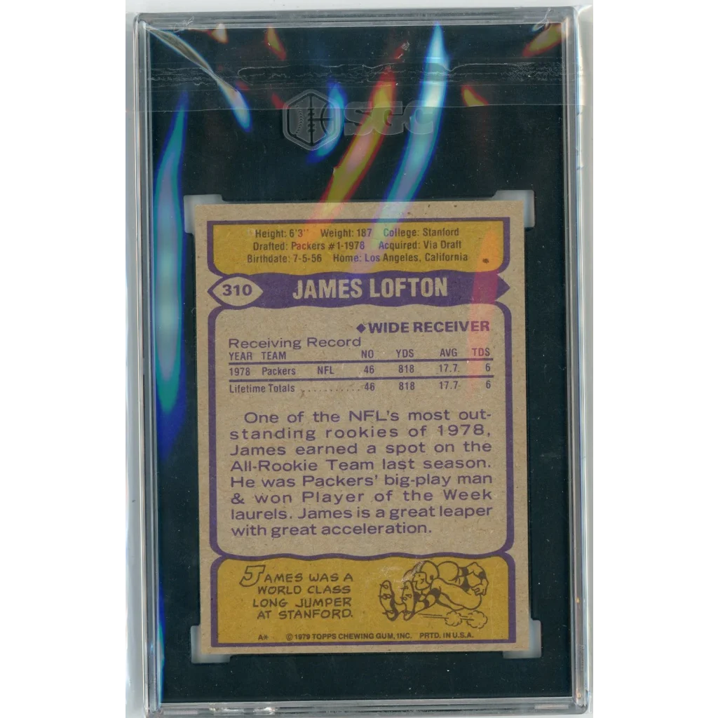 A graded 1979 Topps James Lofton football rookie card in PSA 7.5 NM Plus condition