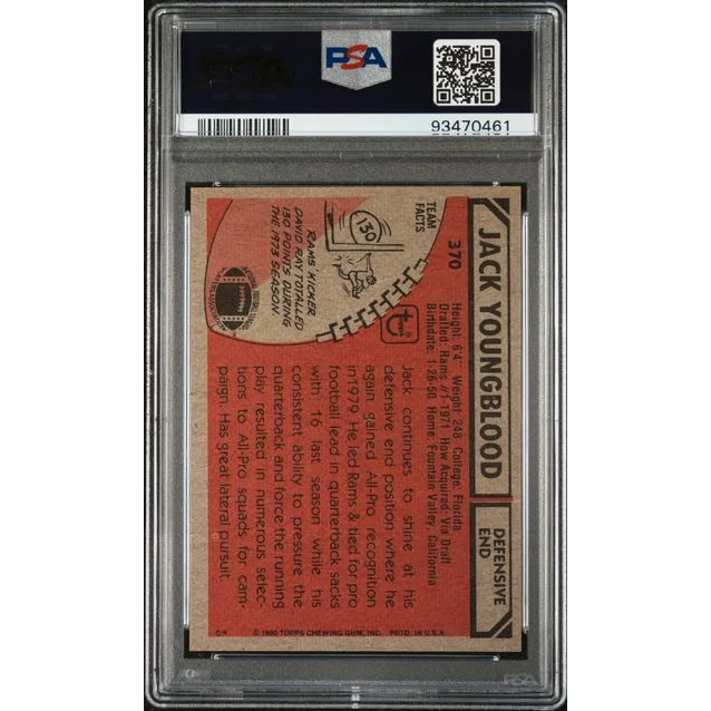 Graded 1980 Topps Jack Youngblood #370 Football Card PSA 5 Excellent | PSA 5 EX Graded Vintage Football Card | vintageantiquesgifts.com