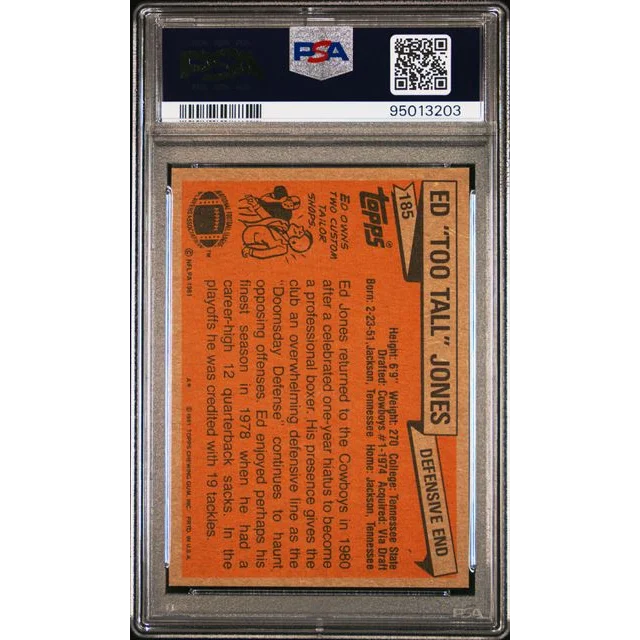 Graded 1981 Topps Ed Too Tall Jones #185 Football Card PSA 10 Gem Mint | PSA 10 Gem Mint Graded Vintage Football Card | vintageantiquesgifts.com