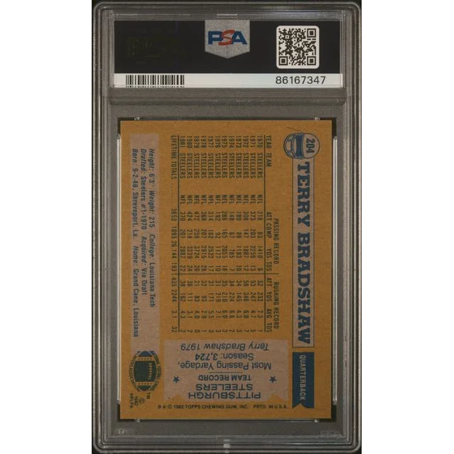 Graded 1982 Topps Terry Bradshaw #204 Football Card PSA 9 Mint