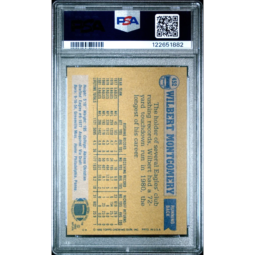 Graded 1982 Topps Wilbert Montgomery #452 PSA 7 football card back
