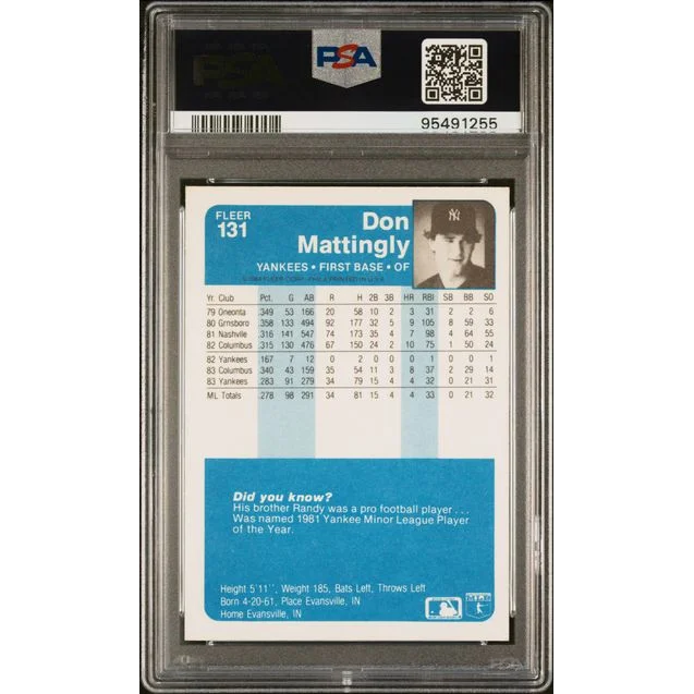 Graded 1984 Fleer Don Mattingly #131 Rookie RC Baseball Card PSA 9 Mint