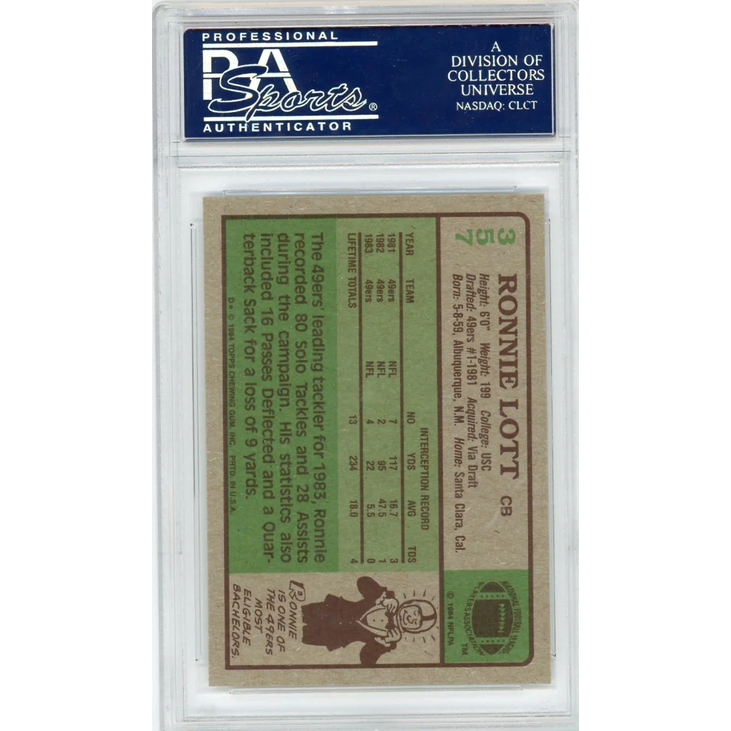 Football card PSA of Topps Ronnie Lott graded by Sports Authenticator
