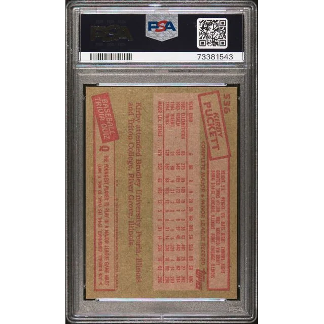 Back of PSA Graded 1985 Topps Kirby Puckett baseball card in protective slab