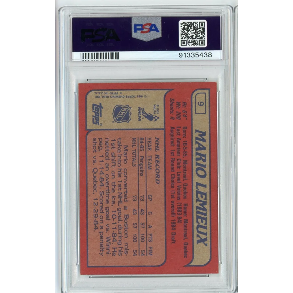 PSA graded 1985 Topps Mario Lemieux rookie card on display