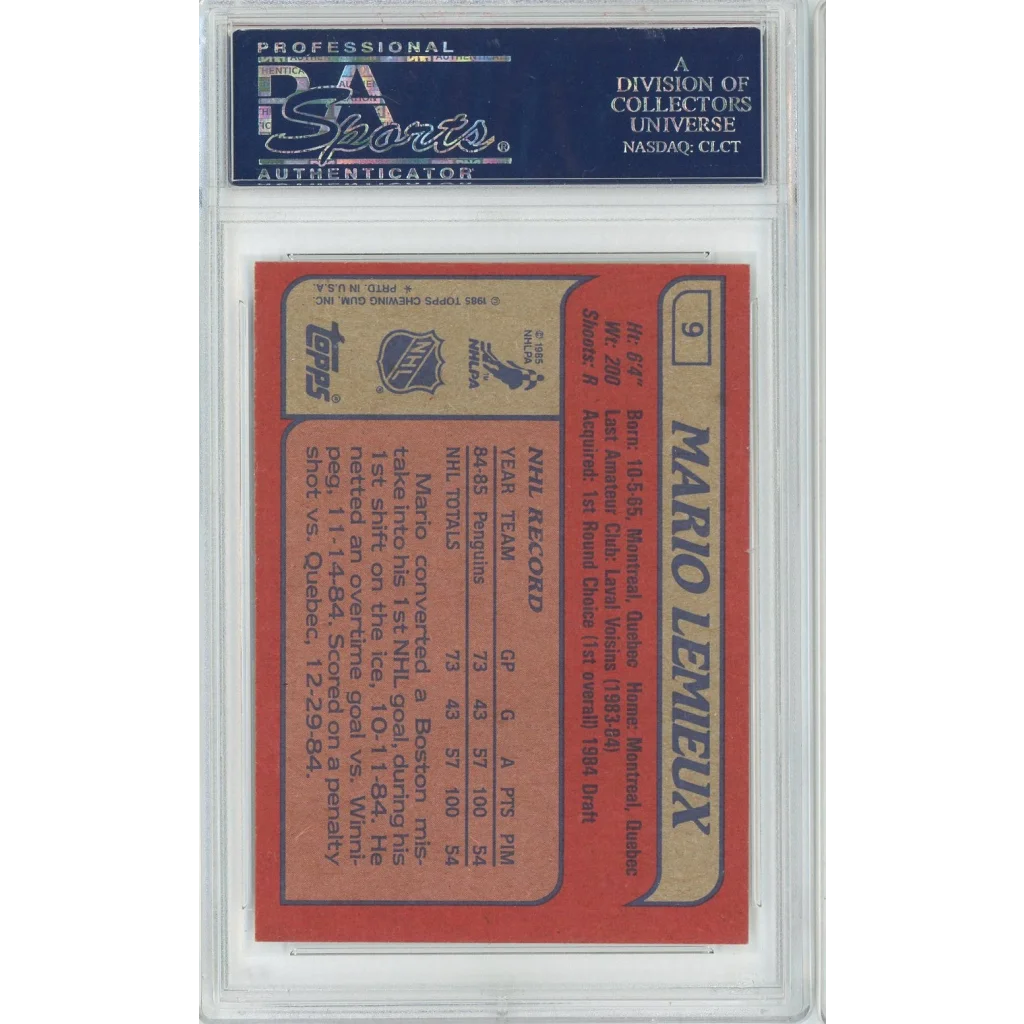Graded 1984-85 Topps Mario Lemieux rookie hockey card in PSA Certified Treasure case
