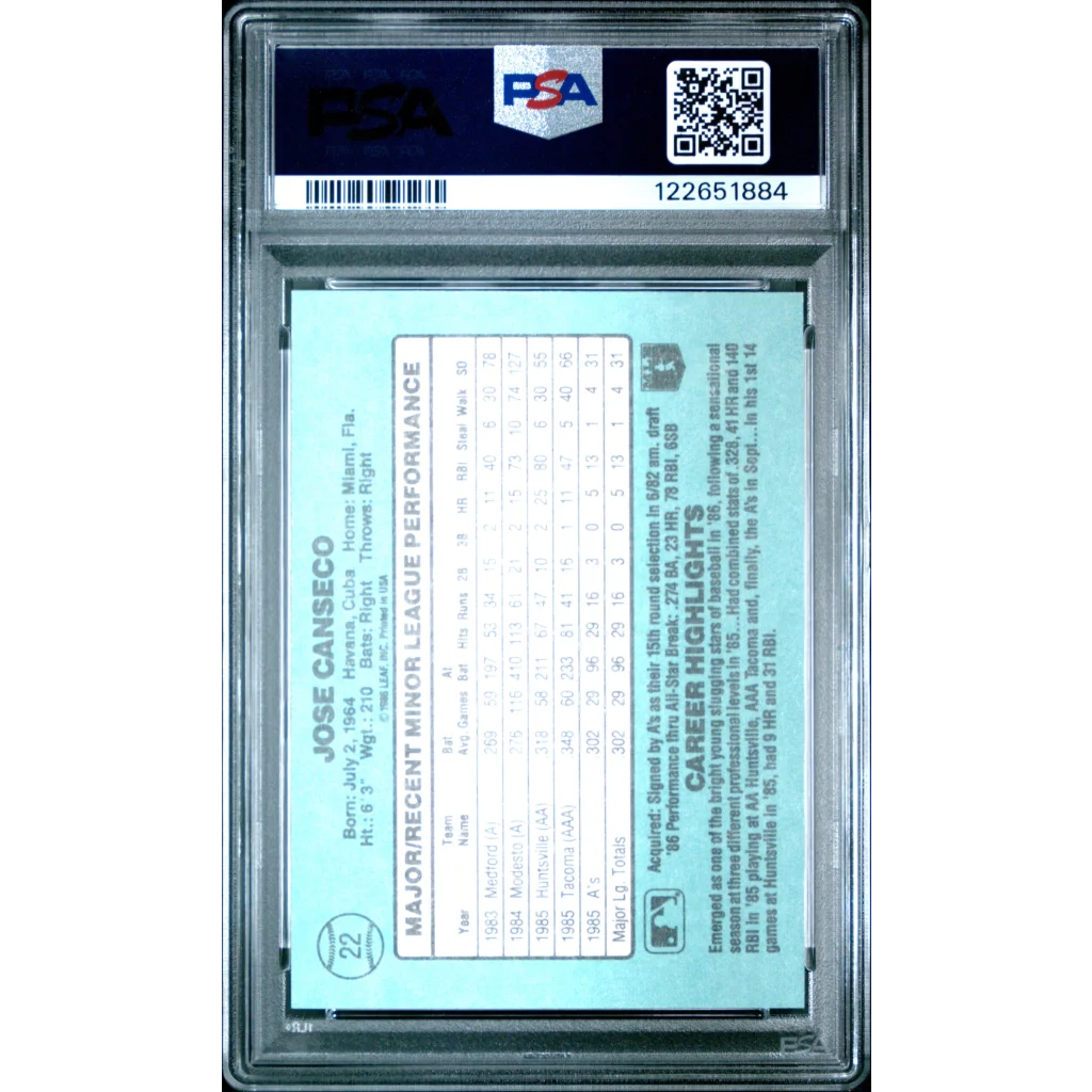 Graded 1986 Donruss The Rookies Jose Canseco #22 Baseball Card PSA 8 Near Mint
