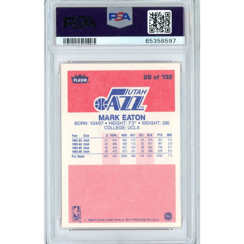 Graded 1986 Fleer Mark Eaton #28 Rookie RC Basketball Card PSA 8 NM-MT