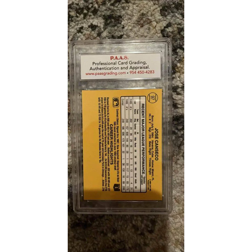 Graded Jose Canseco card from 1987 Donruss rookie series, collectible baseball card