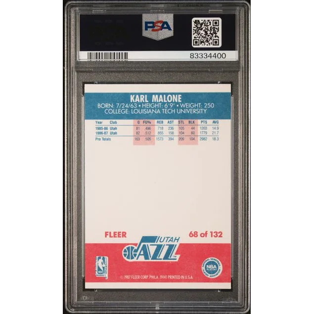 Back of a Karl Malone 1987 Fleer basketball card in PSA slab for PSA Mint 9 treasure