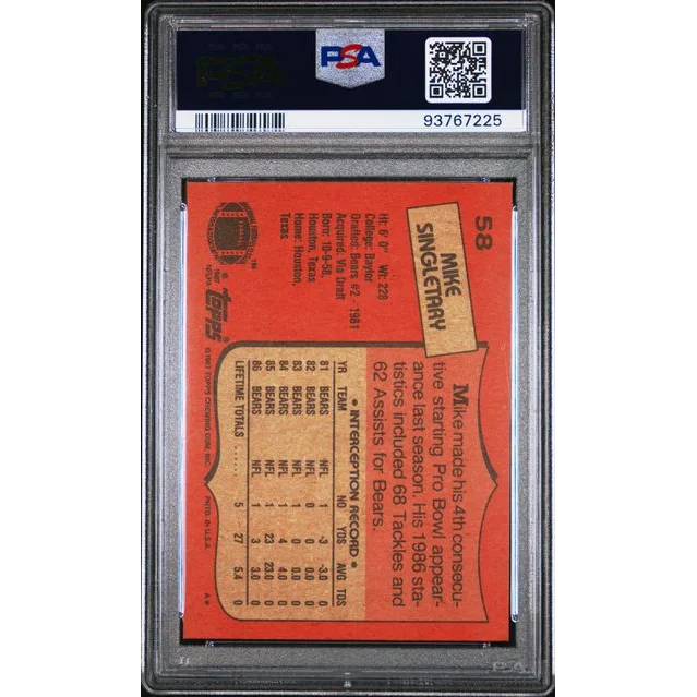 Graded 1987 Topps Mike Singletary football card in PSA holder