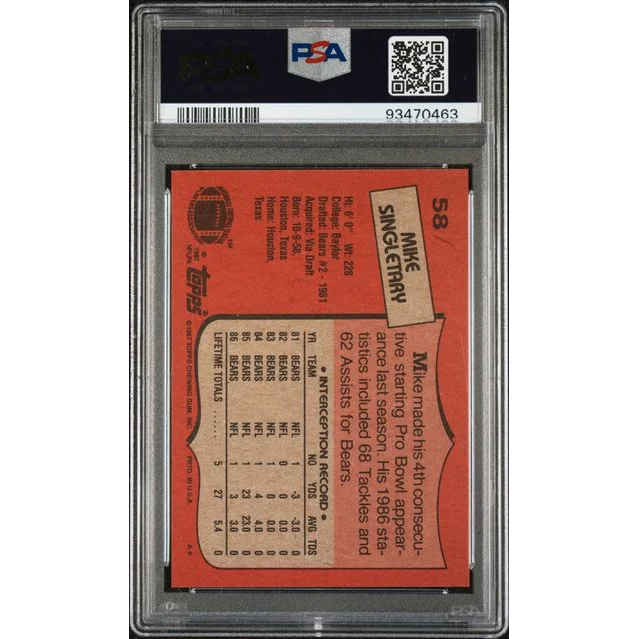Vintage graded Mike Singletary 1987 Topps Football Card in PSA Mint 9 condition