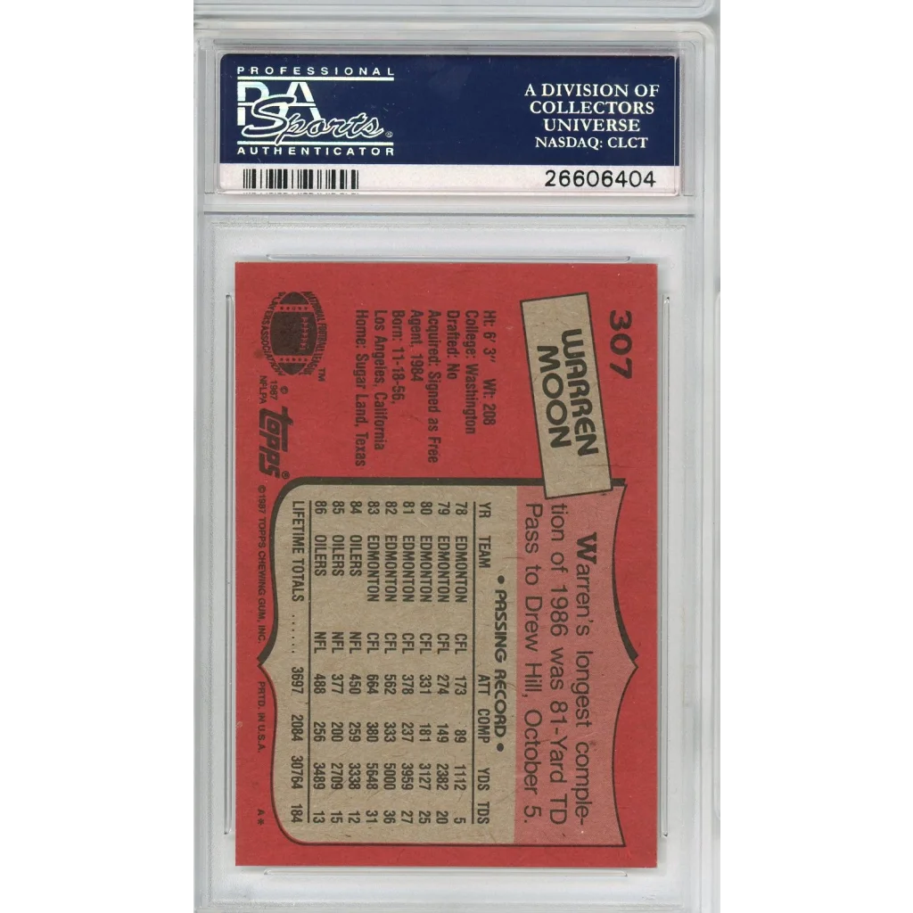A graded PSA 10 Warren Moon 1986 Topps rookie football card in perfect gem mint condition