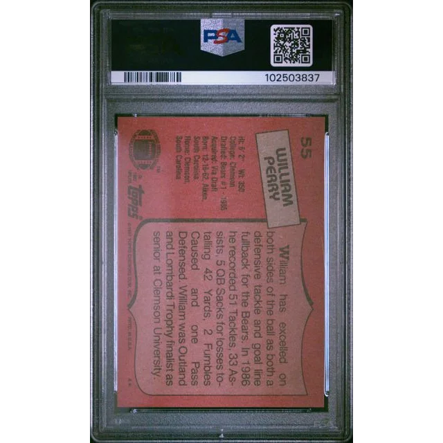 PSA GEM MT 10 William Perry 1987 Topps Football Card on display