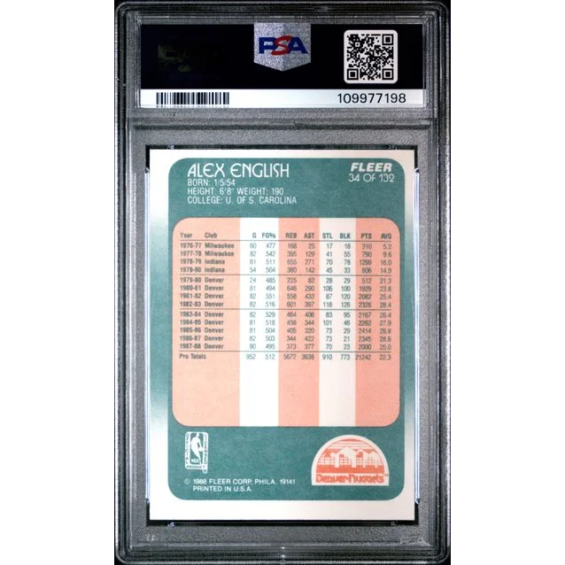 Graded 1986 Fleer Alex English #34 PSA 6 EX-MT basketball card in plastic case