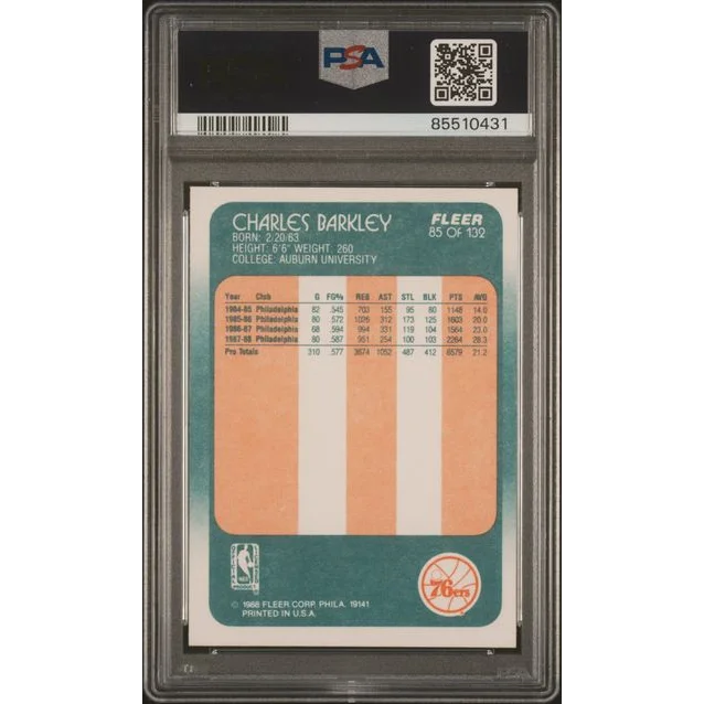 Graded 1985 Fleer Charles Barkley #85 Basketball Card in PSA 9 Slab