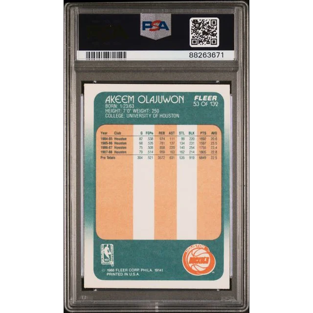 Graded 1986 Fleer Akeem Olajuwon basketball card from the 80s in PSA case
