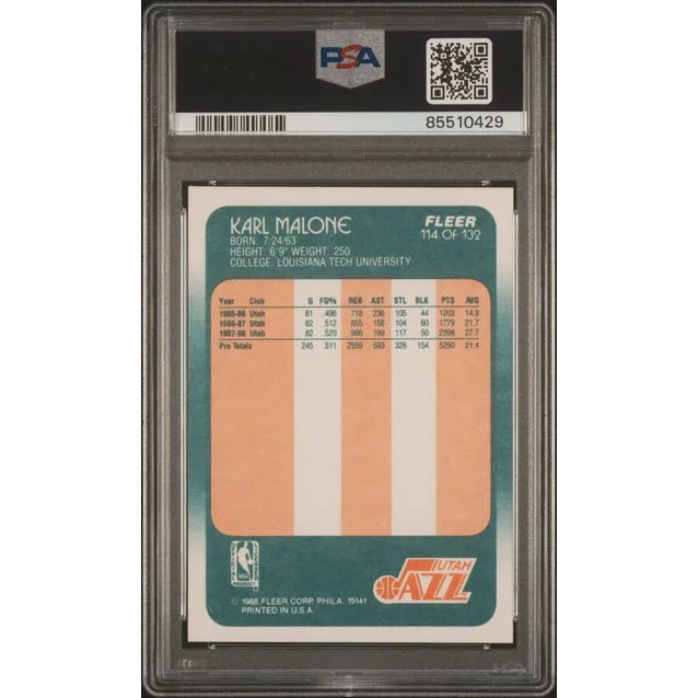 Graded Karl Malone Fleer basketball card in PSA Mint 9 display