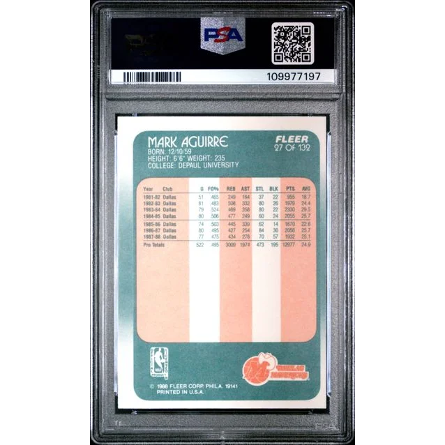 Graded 1986 Fleer Mark Aguirre #27 basketball card in PSA 8 slab