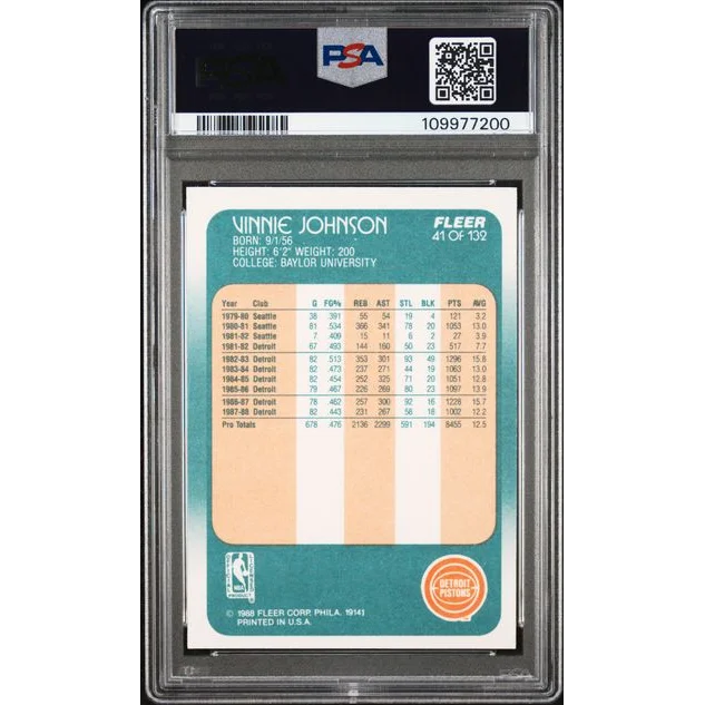 Graded Vinnie Johnson 1988 Fleer basketball card by PSA, a professional sports authenticator