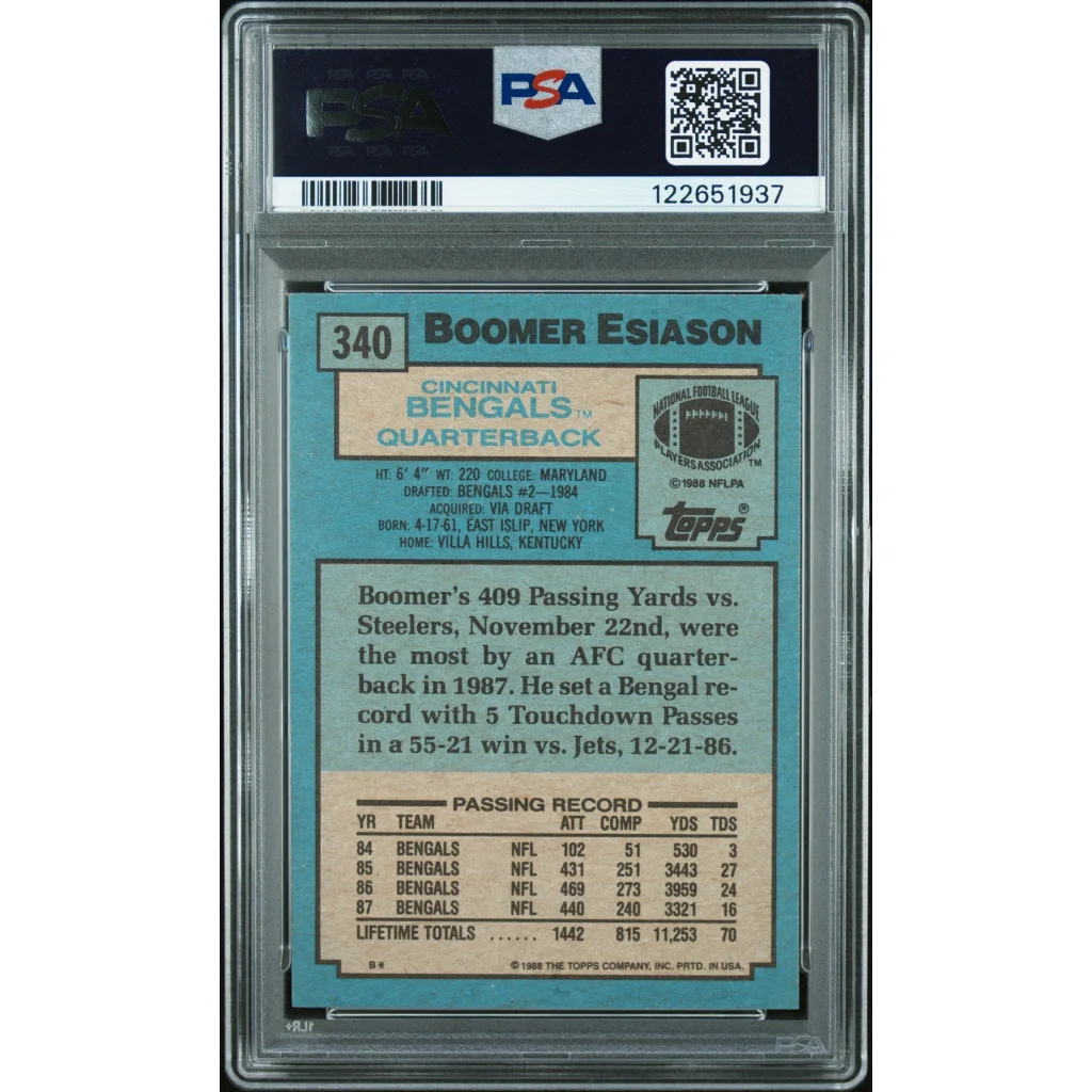 Graded 1988 Topps Boomer Esiason #340 Football Card PSA 8 Near Mint