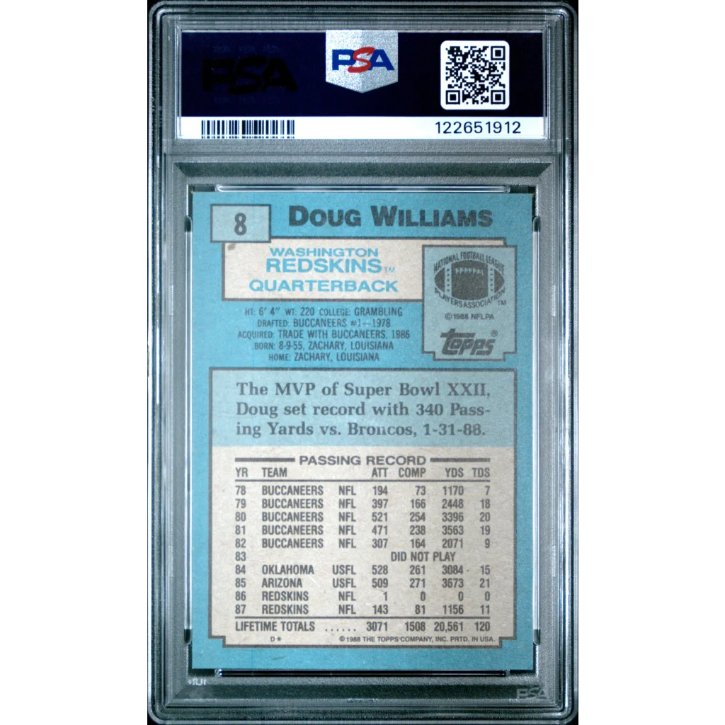 Graded 1988 Topps Doug Williams #8 Football Card PSA 8 Near Mint